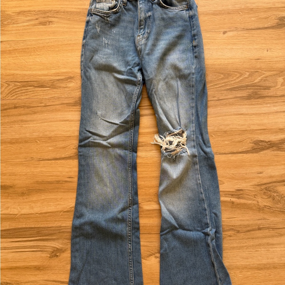 Forever 21 Blue Distressed Flare Jeans
